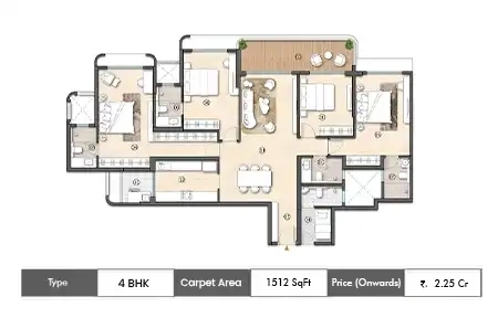 YOO Pristine 4 BHK floor plan, 1512 sq ft carpet area
