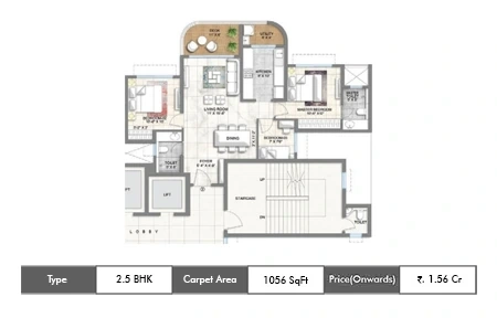 YOO Pristine 2.5 BHK floor plan, 1056 sq ft carpet area
