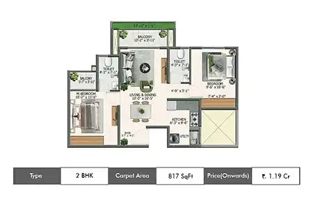 YOO Pristine 2 BHK floor plan, 817 sq ft carpet area