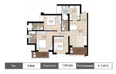 YOO Pristine 3 BHK floor plan, 1130 sq ft carpet area